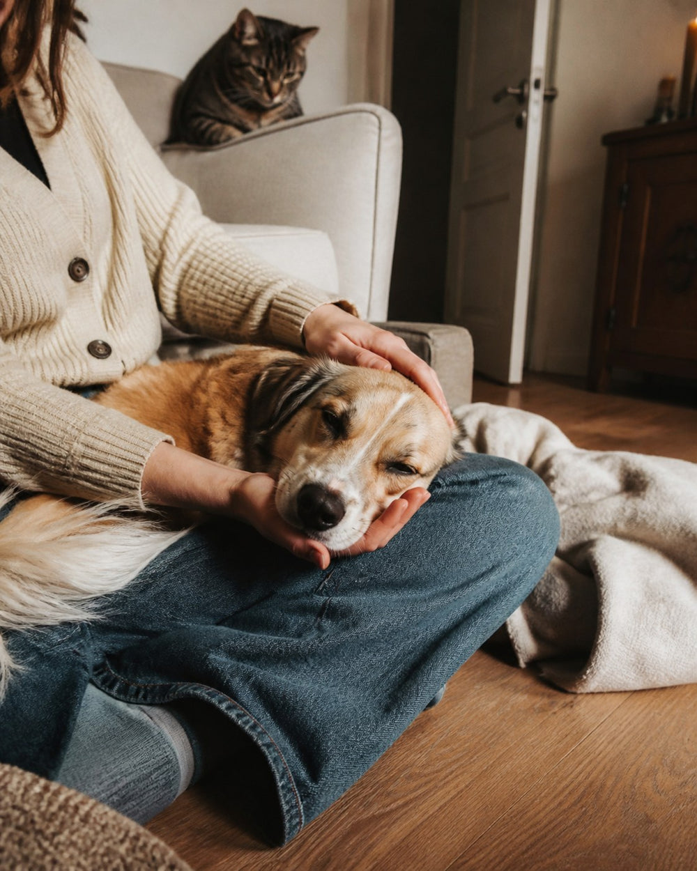 A hand resting on a dog's head, a cat watching from the sofa