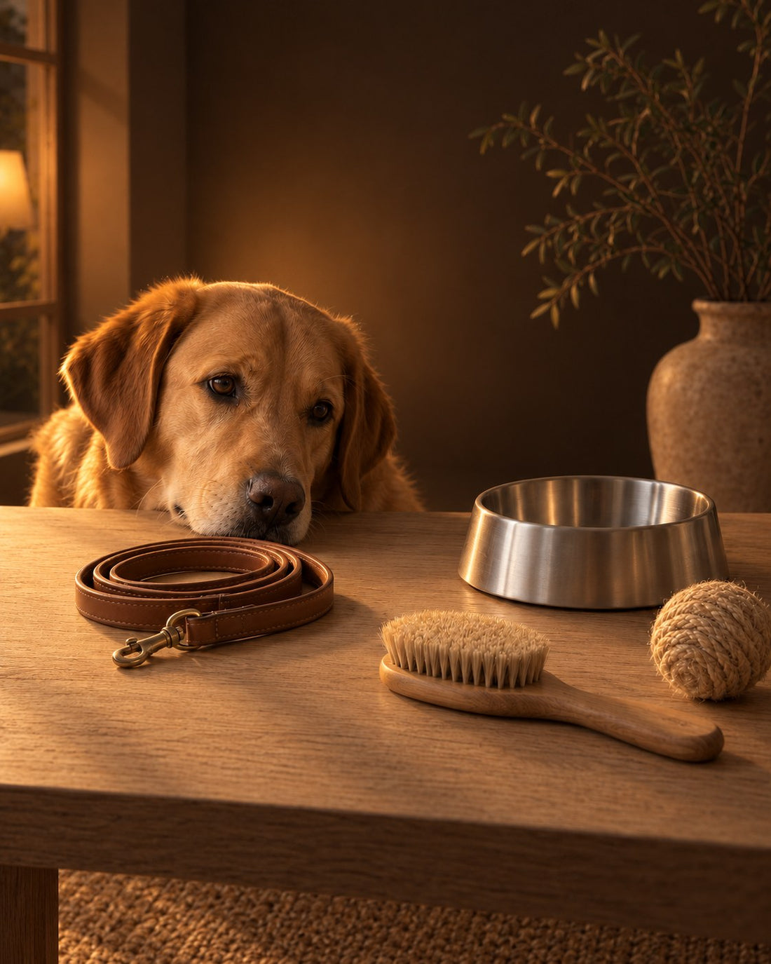 A dog rests its chin on an oak table beside a few carefully chosen essentials: leather leash, brush, steel bowl, sisal ball
