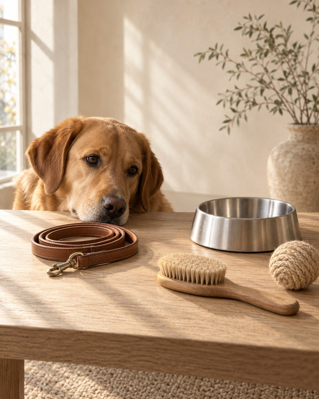 A dog rests its chin on an oak table beside a few carefully chosen essentials: leather leash, brush, steel bowl, sisal ball
