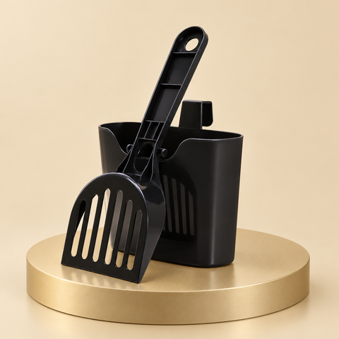 Black slotted cat litter scoop and matching holder displayed together on a round champagne pedestal