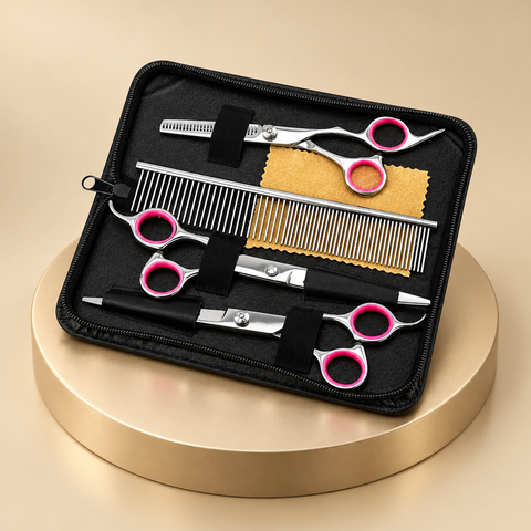 Four pet grooming tools in a black zippered case on a champagne plinth: three silver shears and a metal comb