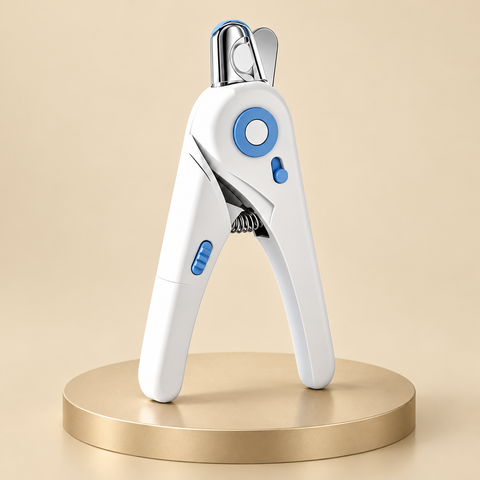 White pet nail clippers with a clear splash guard and light blue accents on a round champagne plinth