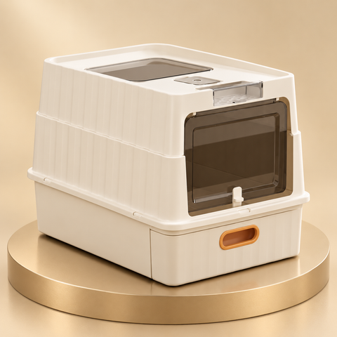 Enclosed cat litter box in cream with a smoked flap door and orange drawer handle, on a champagne plinth
