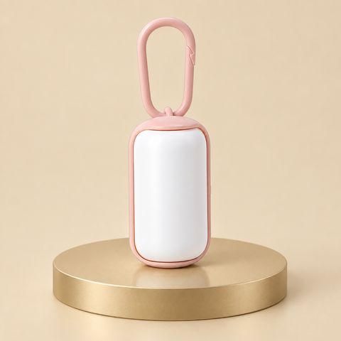 Mini dog waste bag dispenser in white with a pink carabiner loop, on a champagne plinth