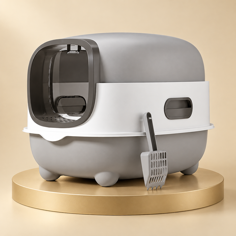 Gray and white oval covered cat litter box with a smoky front flap and matching scoop on a gold plinth.