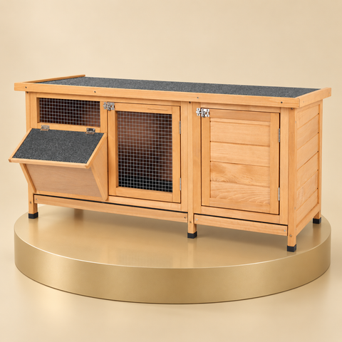 Two-room honey fir-wood rabbit hutch with a tilt-out hay trough and mesh door on a champagne plinth