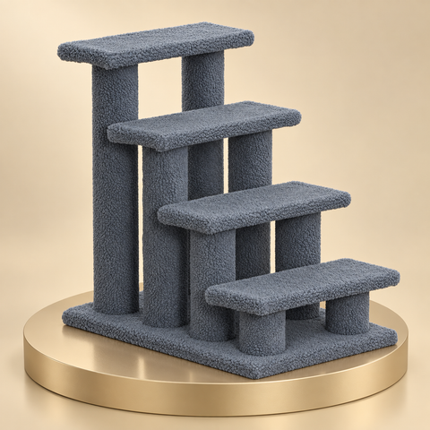 4-step cat stairs in gray Berber fleece with post supports, on a round champagne plinth