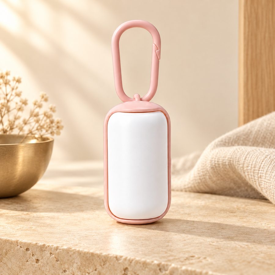 White mini waste bag dispenser with pink trim standing on a stone ledge beside a gold bowl and linen throw