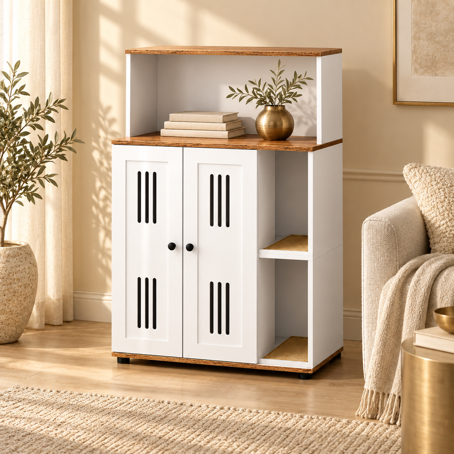 White litter box cabinet with a walnut top, books and a brass vase on the shelf beside an armchair