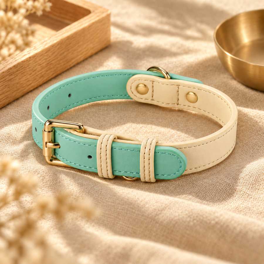 Mint and cream leather dog collar with a gold buckle and D-ring lying on a linen blanket next to a gold bowl