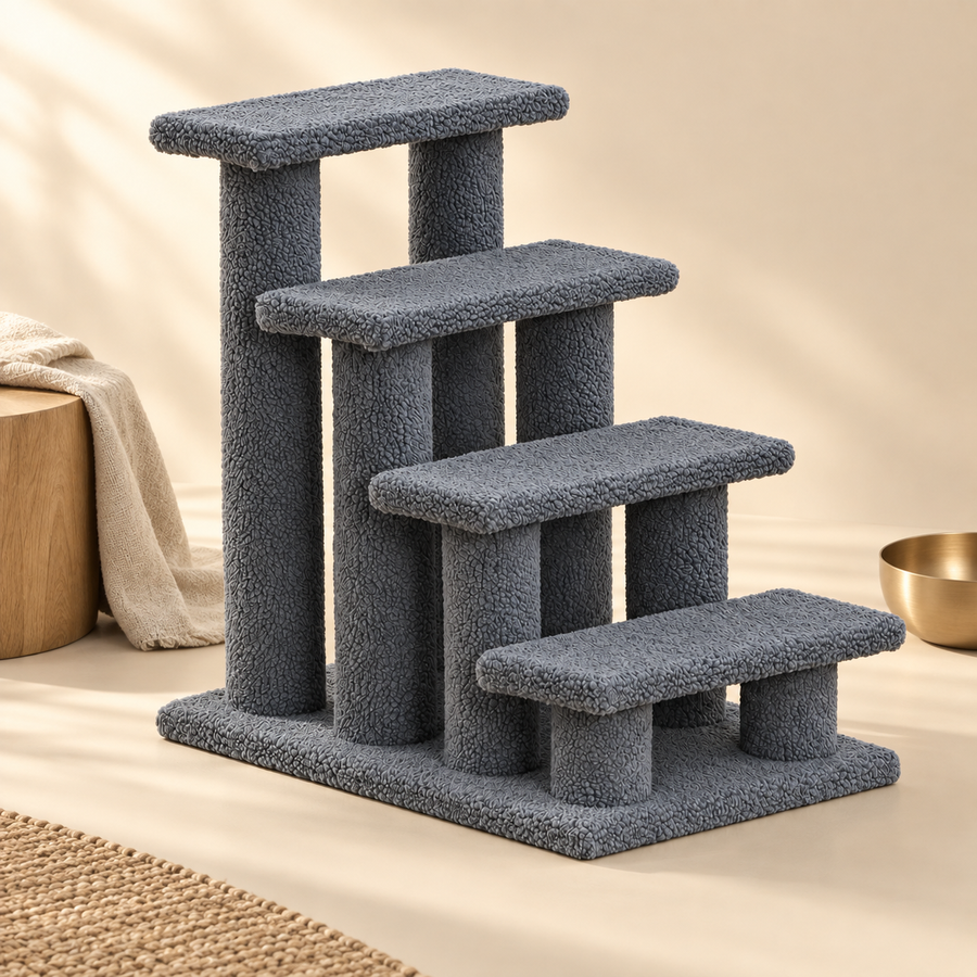 Four-step gray fleece cat stairs on a cream floor near a gold bowl and folded blanket