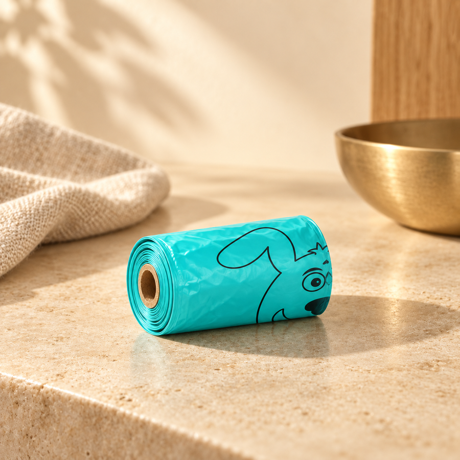 Single teal waste bag roll with a dog illustration on a stone shelf beside a brass bowl and knit throw