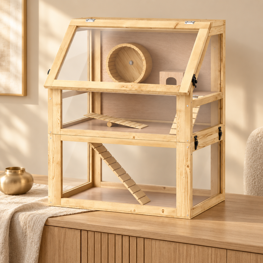 Light wood hamster cage with three levels, a wooden wheel and ramps on a sideboard beside a brass pot