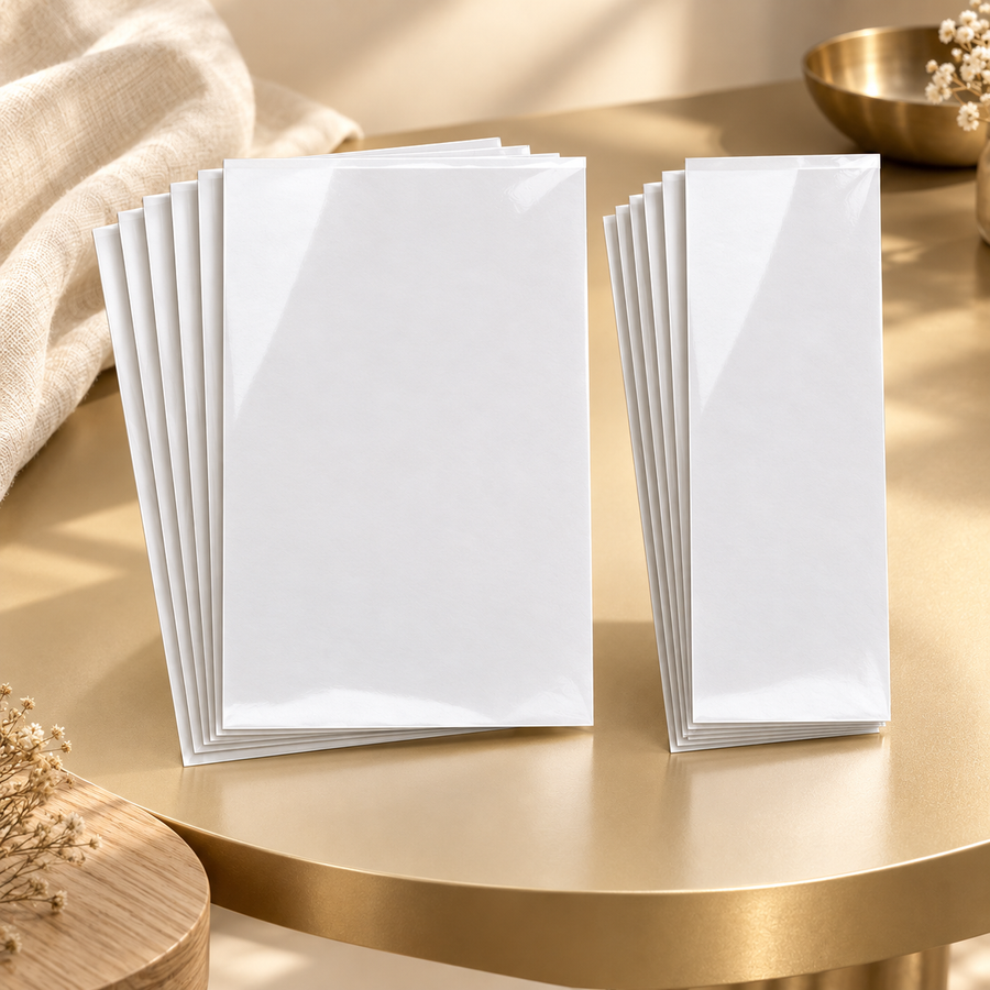 Two groups of white-backed furniture sheets in wide and narrow sizes on a gold table in a warm room