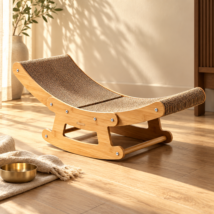 Wooden cat rocking scratcher chair on a sunlit floor beside a gold bowl and folded throw