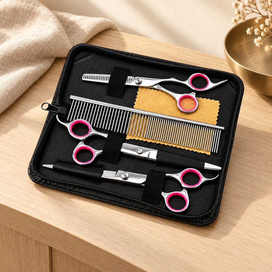 Black zippered grooming case on an oak surface holds three silver shears, a metal comb and a yellow cloth