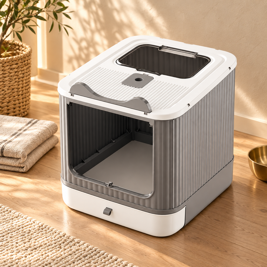 White and gray covered litter box with a drawer base on a wood floor next to folded towels and a brass bowl