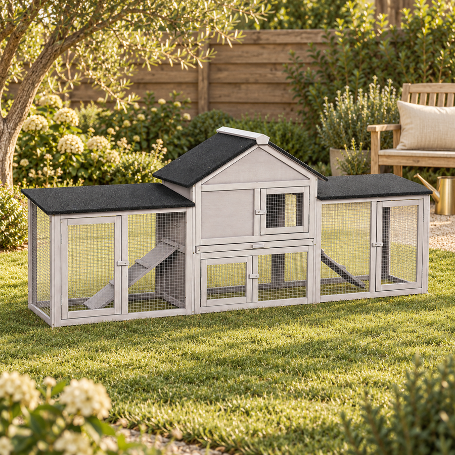 Empty long gray wooden rabbit hutch with a gabled center house and two runs on a lawn beside a garden bench