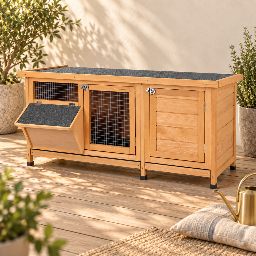 Empty honey-colored wooden rabbit hutch with doors closed on a terrace beside a brass watering can and cushion