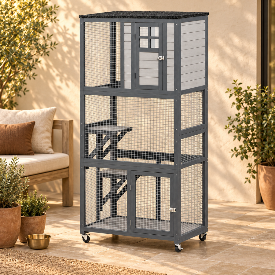 Tall gray wooden catio on casters with a platform and roofed top, set on a patio near potted plants