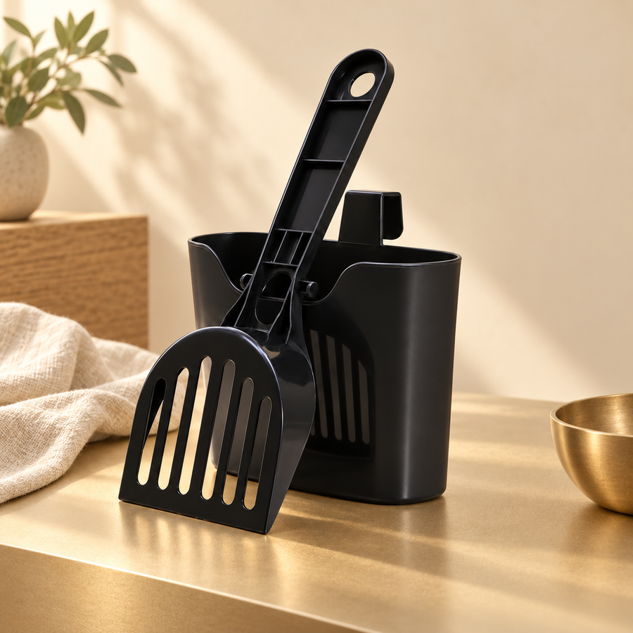 Black plastic cat litter scoop and matching open holder on a champagne tabletop beside a folded cloth