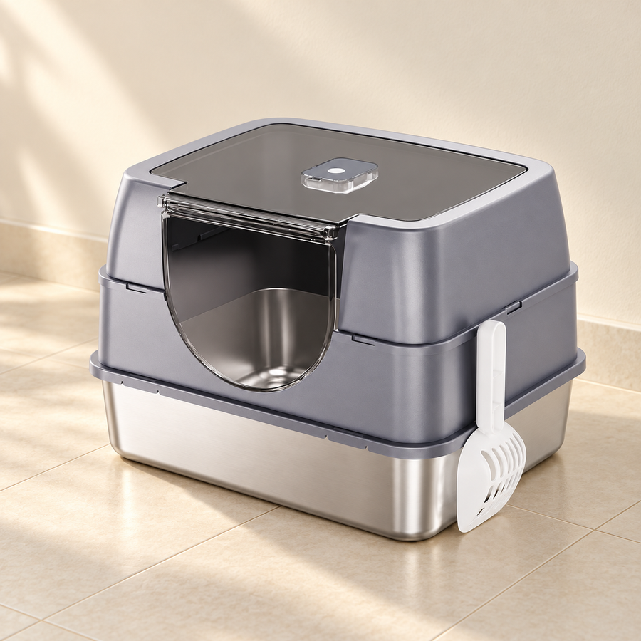 Gray covered cat litter box with steel basin and white side scoop standing alone on a pale tiled utility-room floor.