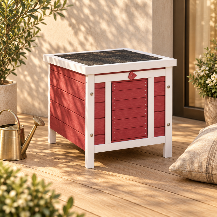 Red-and-white wooden rabbit house with the door closed on a sunny terrace beside a brass watering can and cushion