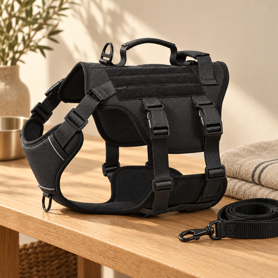 Black vest-style dog harness with a coiled leash on a light oak bench beside a linen throw