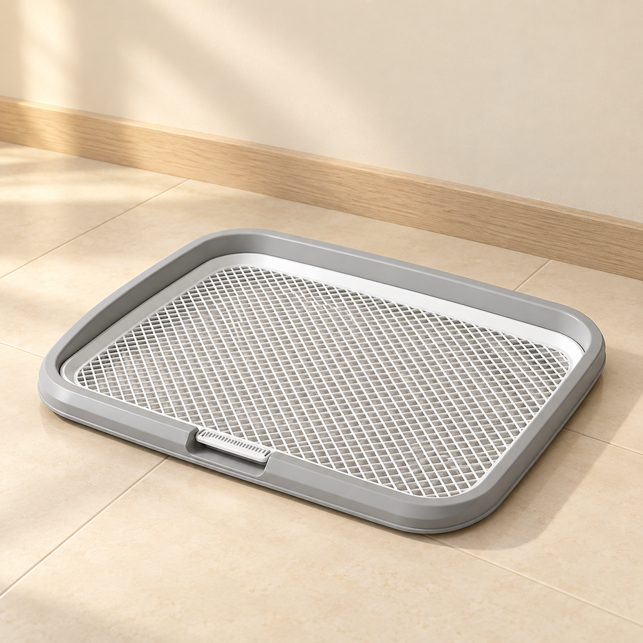 Gray rectangular potty tray with a white grid on a pale tiled floor beside a neutral wall