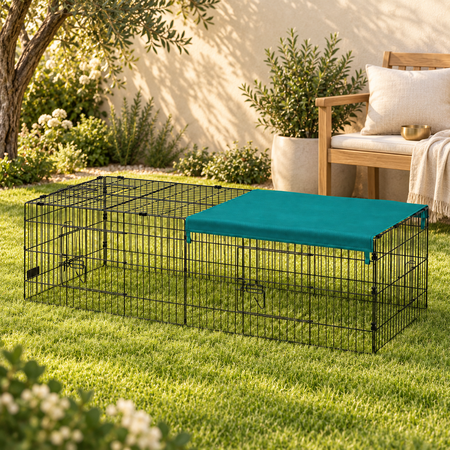 Empty black wire small animal playpen with a green shade cover on a sunny lawn beside a wooden garden bench