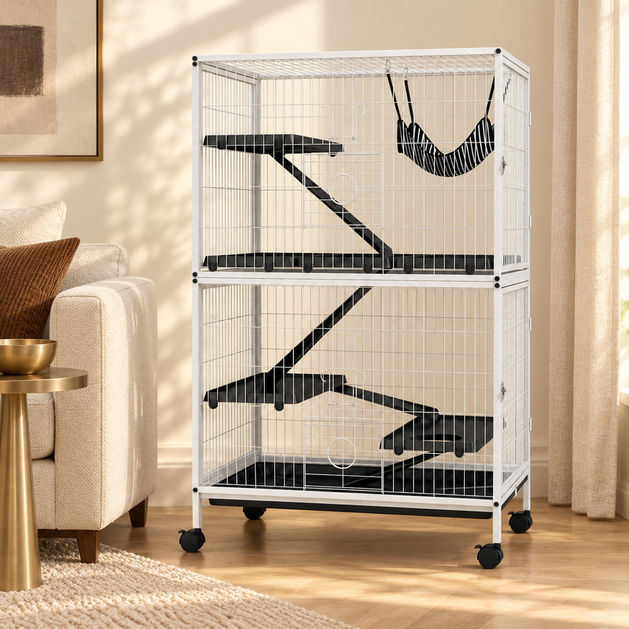 Empty tall white wire small animal cage on casters beside a cream armchair and brass side table in a living room