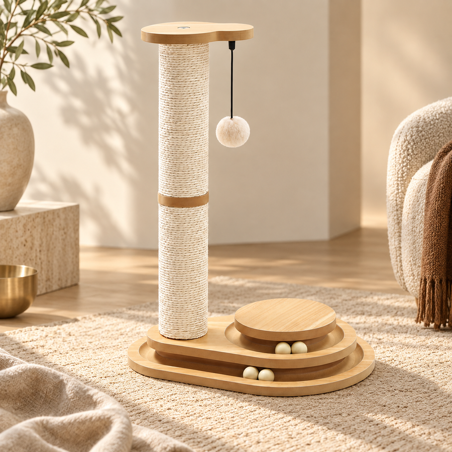 Sisal scratching post with hanging pom-pom and wooden ball track on a cream rug in a bright room