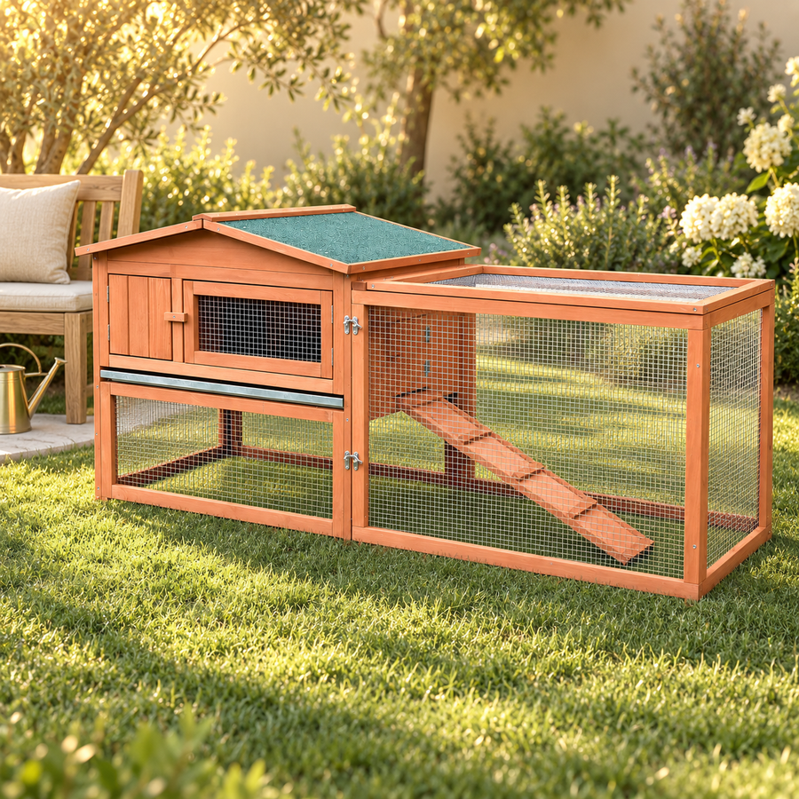 Empty natural wood rabbit hutch with run and green roof on a sunny lawn beside a garden bench and watering can