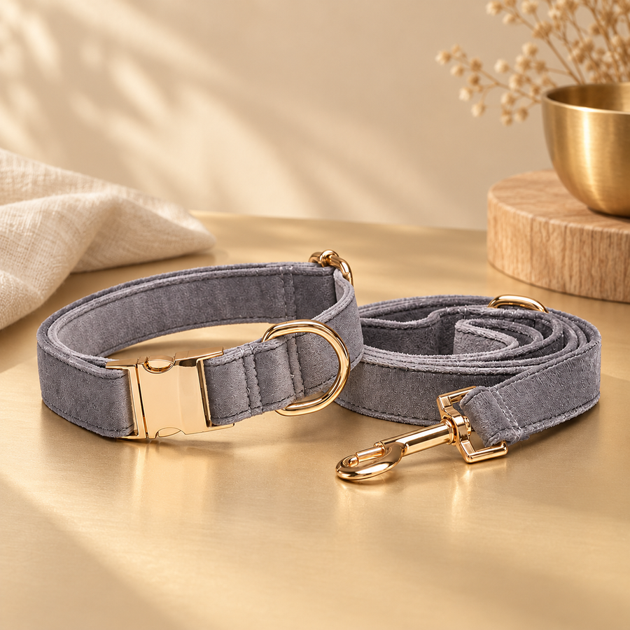 One gray velvet dog collar and its matching coiled leash with gold-tone fittings on a light wood surface