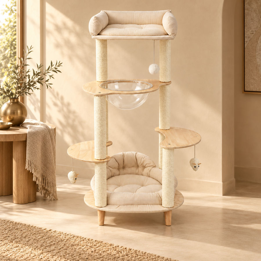 Cream four-tier cat tree with a top lounge, side perches and base bed beside a side table and brass vase