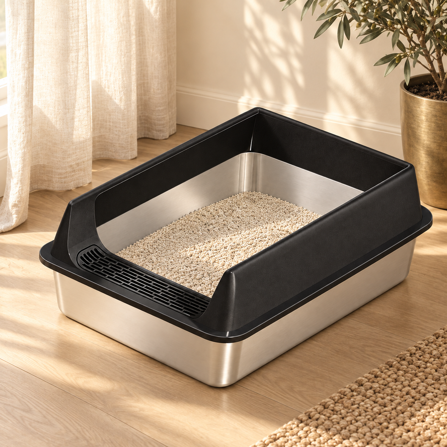 Stainless steel litter box with black rim and light litter on an oak floor beside a curtain and potted olive tree