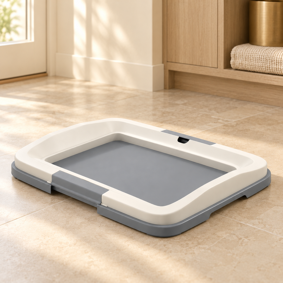 Empty gray training-pad holder with its white frame attached on a pale stone floor beside a wooden cabinet.