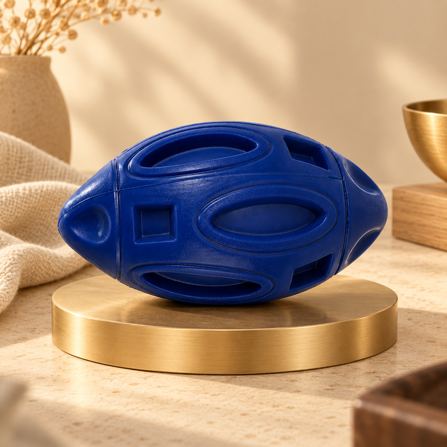 One navy rubber football dog toy resting horizontally on a champagne plinth beside a light wood table