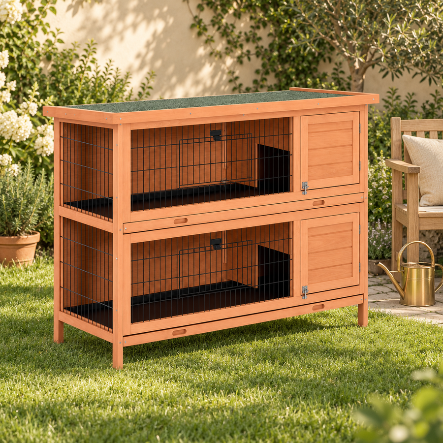 Empty two-story natural wood rabbit hutch with doors closed on a lawn beside a garden bench and watering can