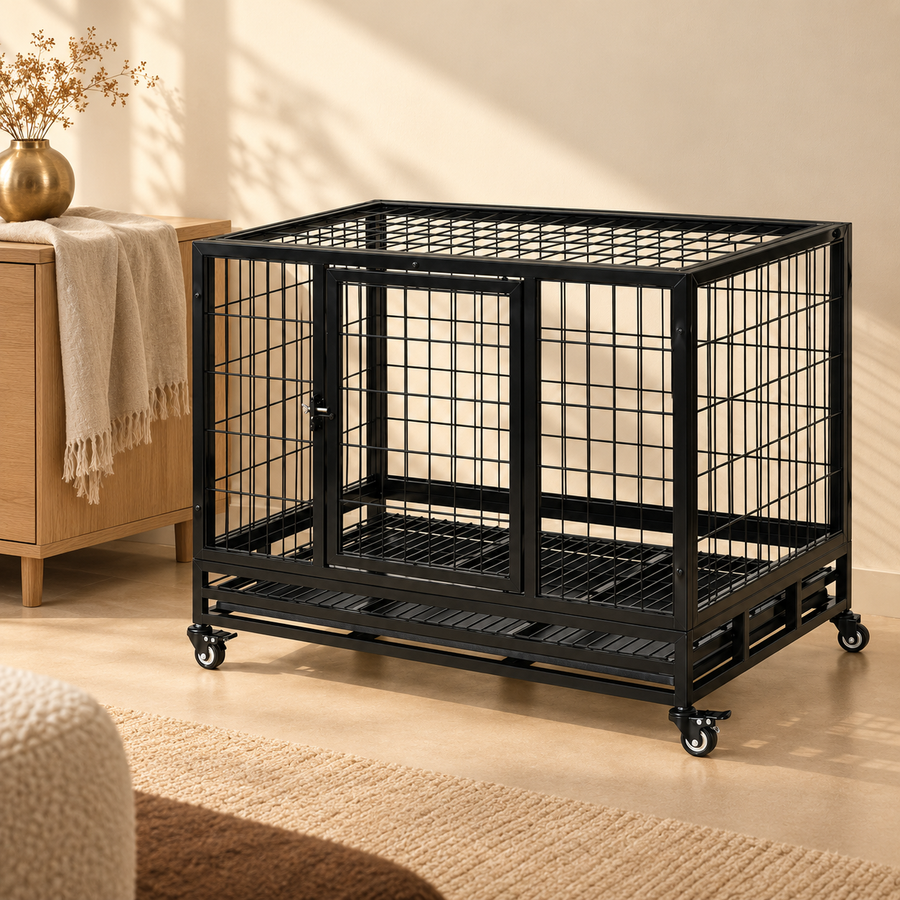 Black welded-steel dog crate on casters beside a cream armchair and a console table