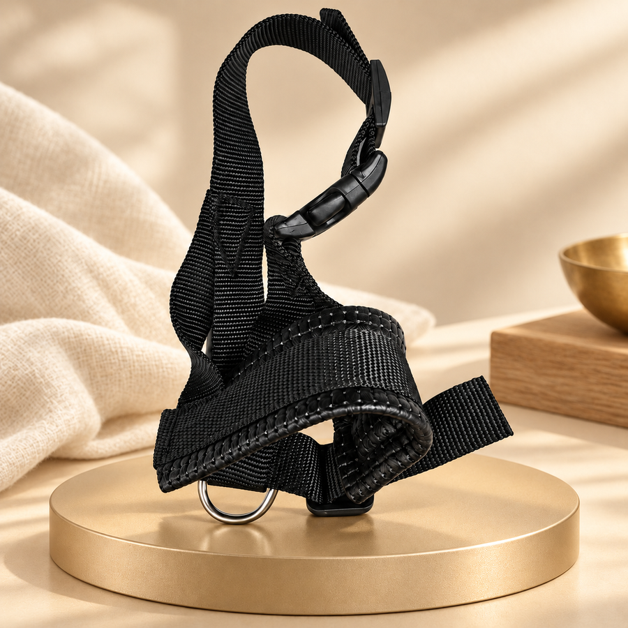 Small black nylon muzzle on a champagne display beside natural linen, with its adjustable strap and D-ring visible