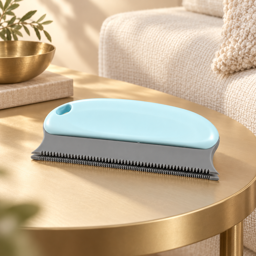 One pale blue pet hair remover with gray flexible edge on a champagne side table beside a cream sofa