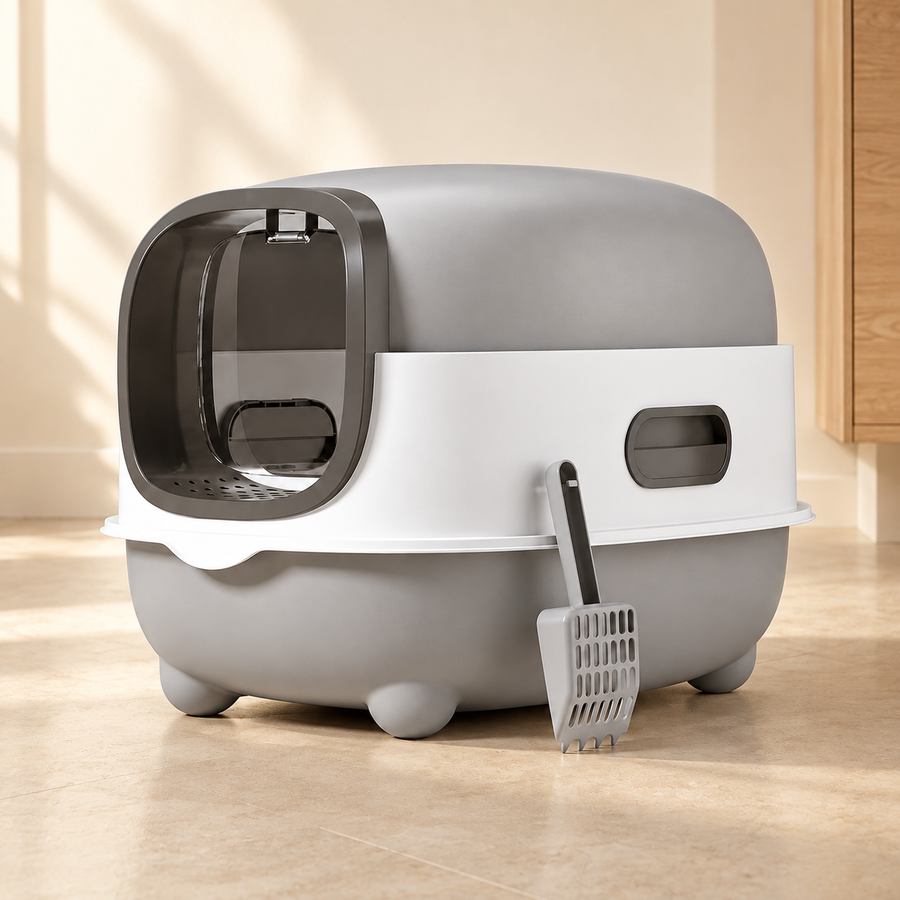 Gray and white oval cat litter box with its matching scoop and rounded feet beside a sunlit cream wall.