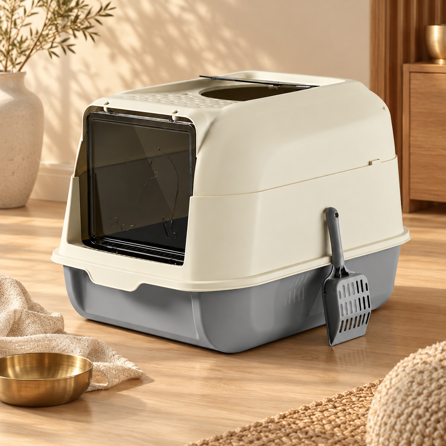 Cream and gray hooded cat litter box with a top opening on a wood floor beside a brass bowl