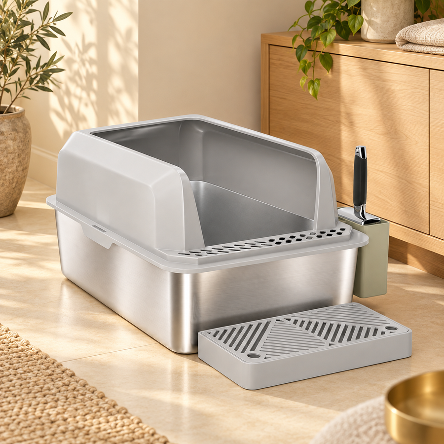 Stainless steel litter box with a light gray surround and sand-drop step on a tile floor