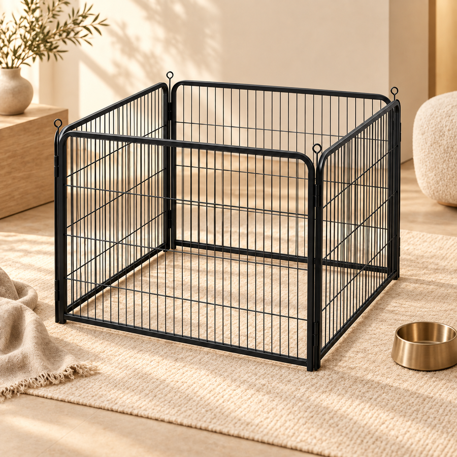 Square black wire dog playpen set on a cream rug in a sunlit room next to a brass bowl