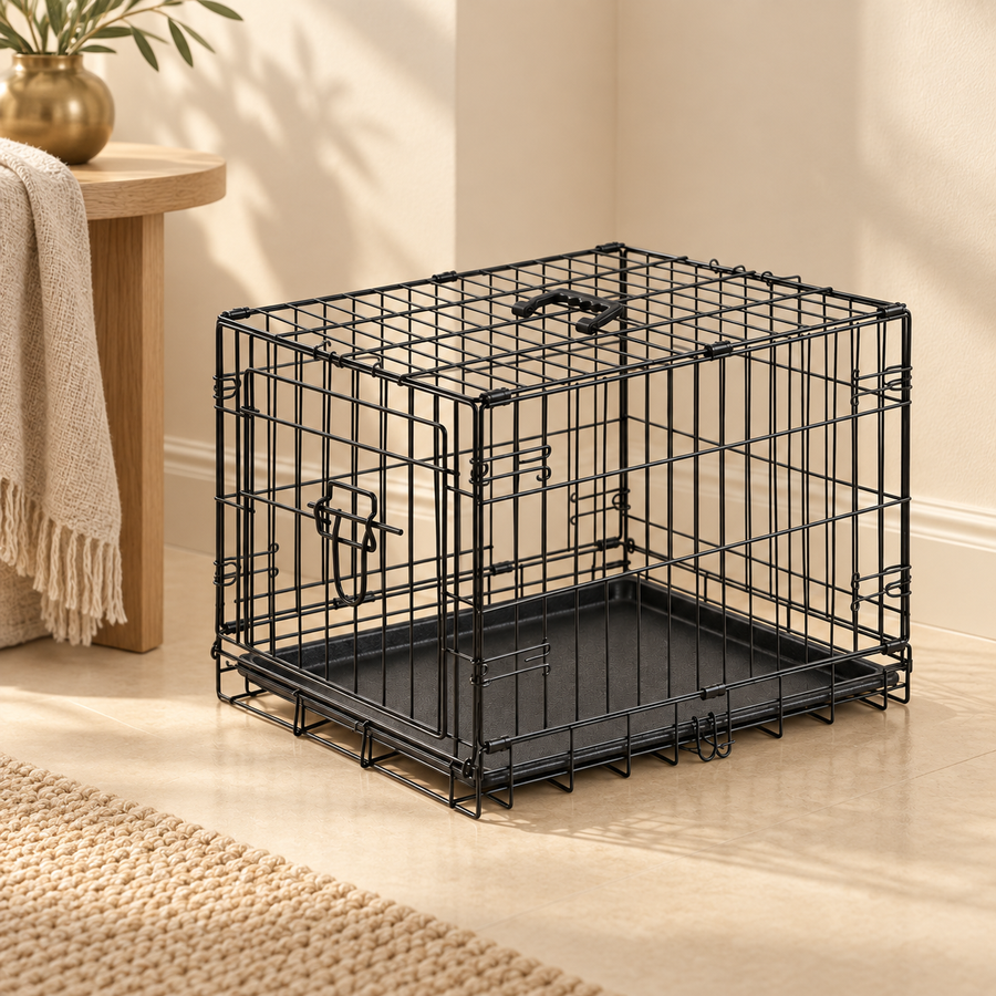 Small black wire dog crate with a removable tray set on a light floor beside a side table and throw