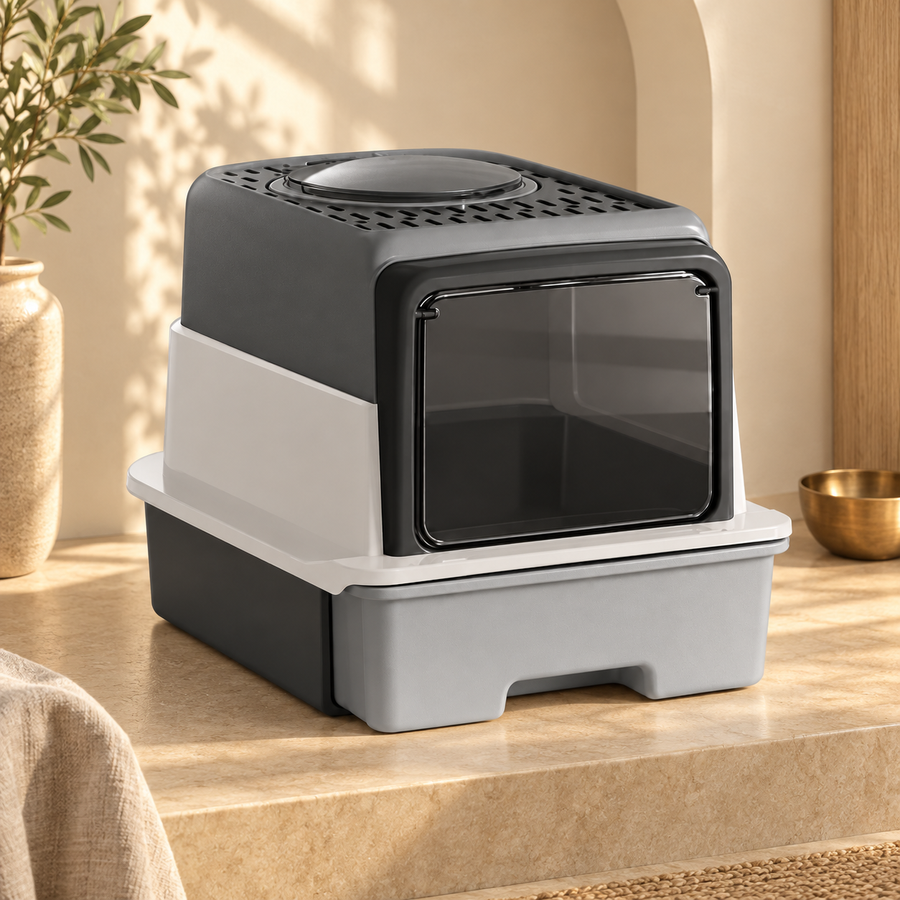 Two-tone gray enclosed cat litter box with a drawer base on a stone step in a warm sunlit room