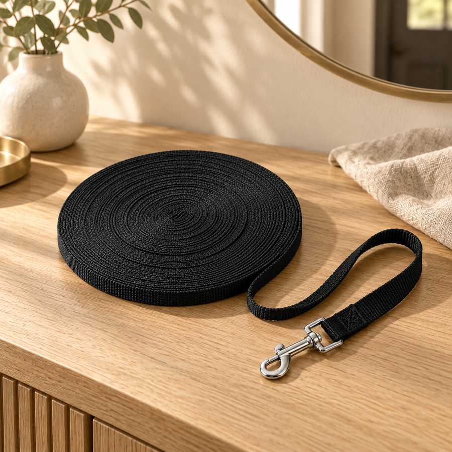 Black dog training leash in a flat coil on an oak console, its loop and silver snap beside a cream vase