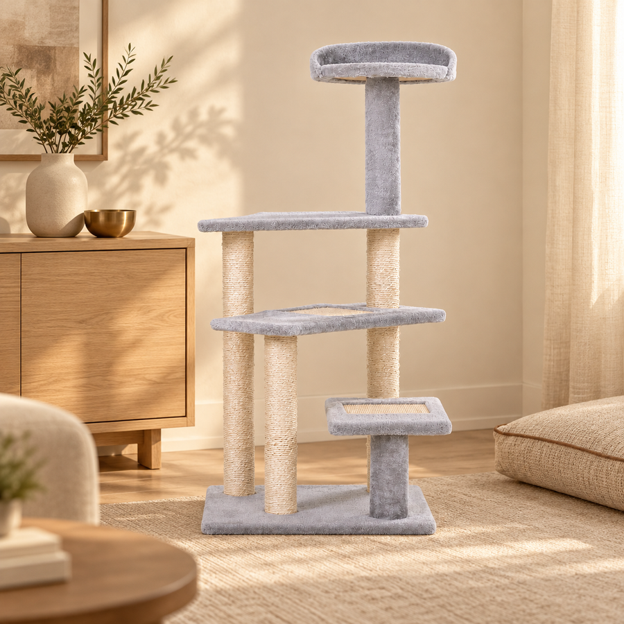 Gray five-level cat tree beside an oak sideboard, vase and linen floor cushion in a calm cream living room